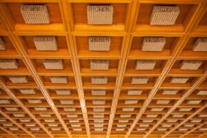 làm vách thạch cao uy tín phú mỹ | Geometric wooden ceiling with integrated lighting fixtures in Sofia, Bulgaria.