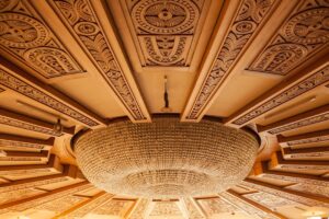 báo giá thi công trần thạch cao văn phòng vũng tàu | Intricate ceiling design with a stunning crystal chandelier in Sofia, Bu