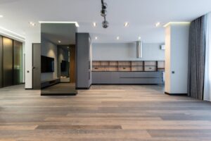 thợ báo giá trần thạch cao long điền | Modern unfurnished apartment with free space looking into dining area and mirrored pil