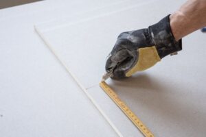 báo giá thi công trần thả long điền | A gloved hand using a ruler for precise measurements in a construction project.